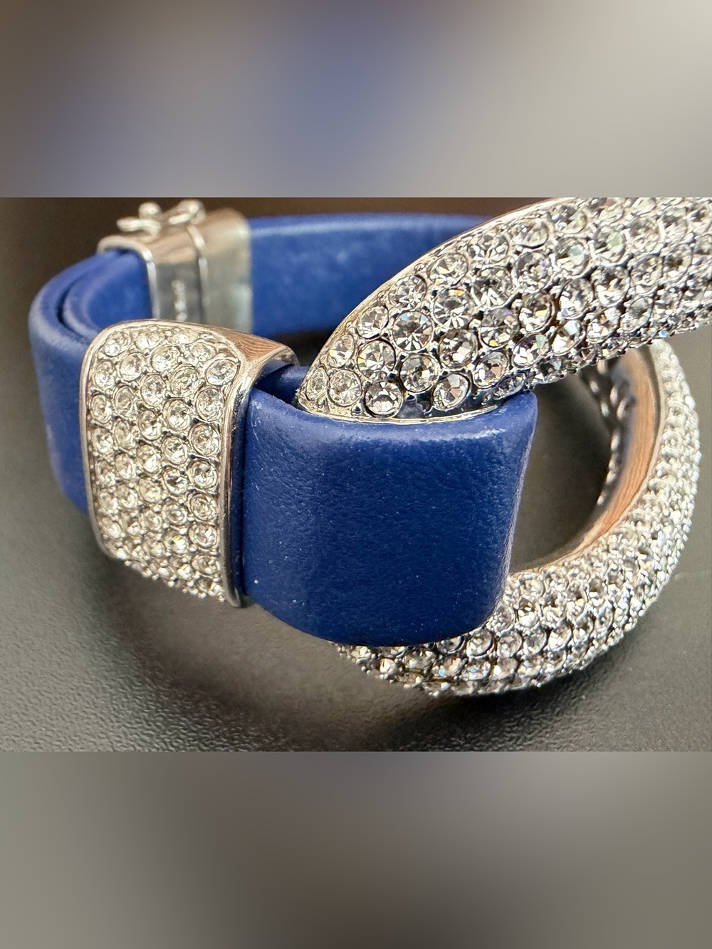 JOAN BOYCE “EDGY DIVA” PAVE CRYSTAL NAVY LEATHER BRACELET